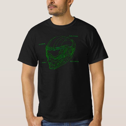 Futuristic Green Wireframe Cyber Helmet Blueprint Tシャツ (正面)