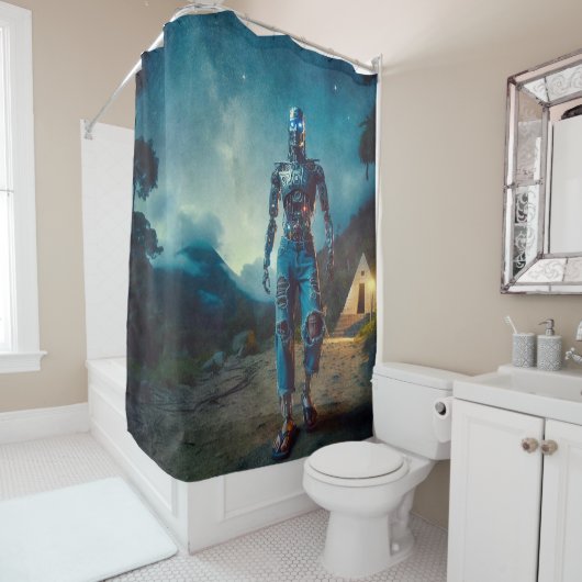 Futuristic Robot in Ancient Landscape シャワーカーテン (インサイチュ)