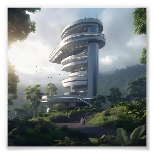Futuristic skyscraper in the middle of the jungle フォトプリント            (正面)