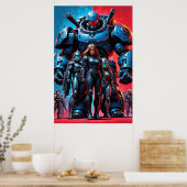 Futuristic soldiers and armored robot in a science ポスター (キッチン)