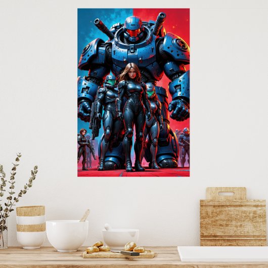 Futuristic soldiers and armored robot in a science ポスター (キッチン)