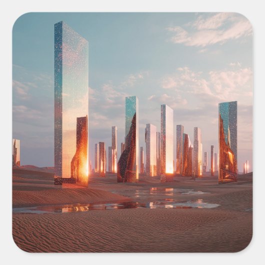 Futuristic Surreal Mirror Towers In Desert スクエアシール (正面)