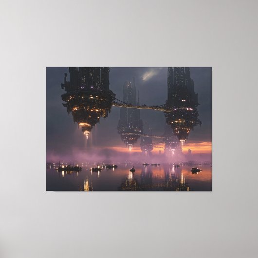 Futuristic towers floating above harbor キャンバスプリント (正面)