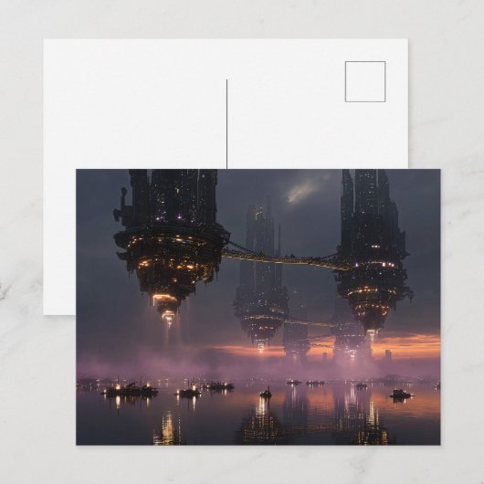 Futuristic towers floating above harbor ポストカード (正面/裏面)