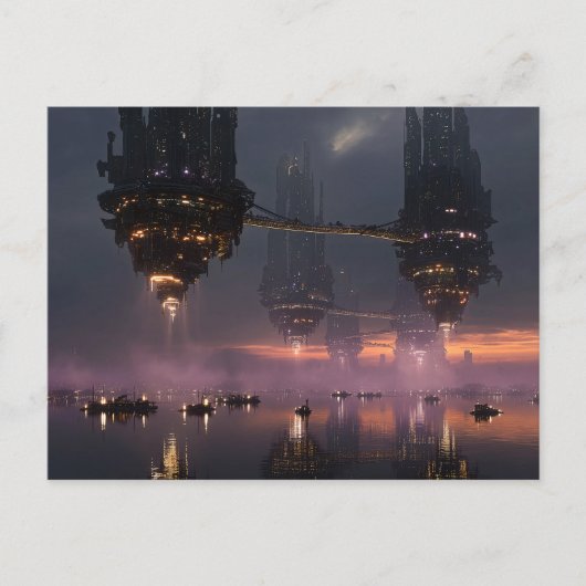 Futuristic towers floating above harbor ポストカード (正面)