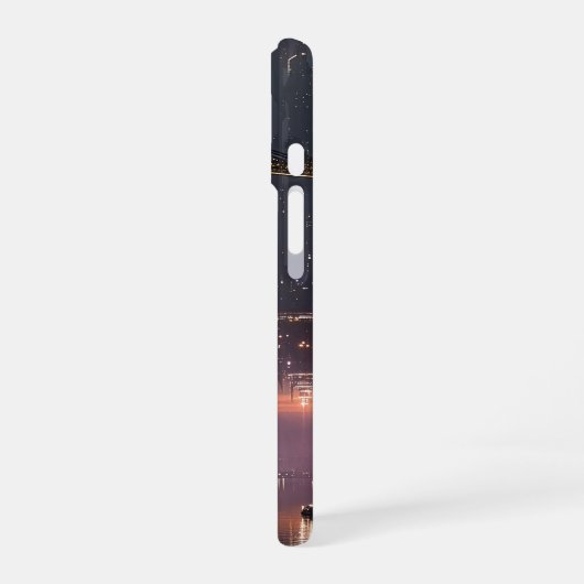 Futuristic towers floating above harbor iPhone 16ケース (左側面)