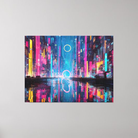 Futuristic Vibrant Neon Night Cityscape キャンバスプリント (正面)