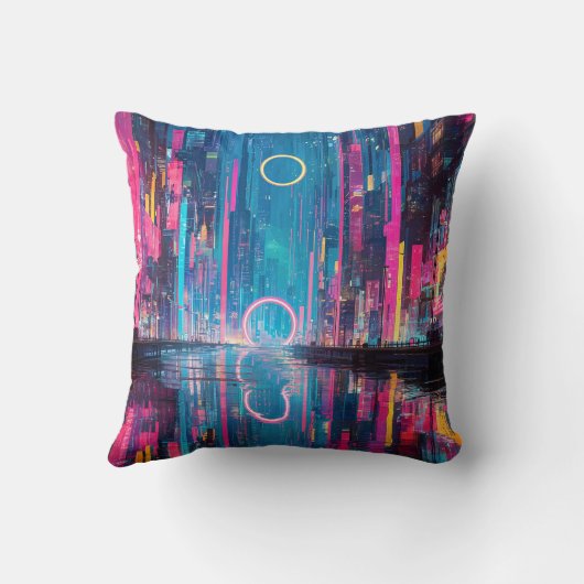 Futuristic Vibrant Neon Night Cityscape クッション (裏面)