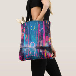 Futuristic Vibrant Neon Night Cityscape トートバッグ