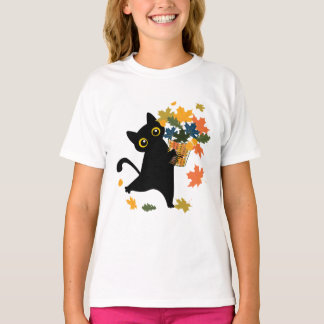 fuuny black Cat Leaf Fall Hello Autumn Tシャツ