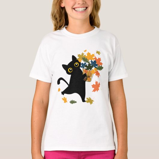 fuuny black Cat Leaf Fall Hello Autumn Tシャツ (正面)