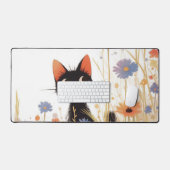 Fuzzy Black Cat Wide Eye Orange Meadow Flower デスクマット (キーボード&マウス)