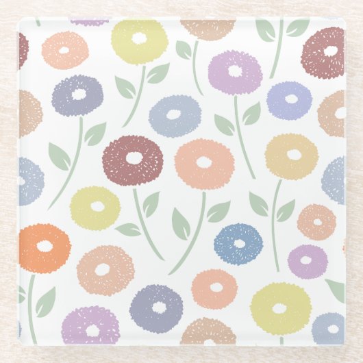 Fuzzy Flower Lg Pattern Pastels on White ガラスコースター (正面)