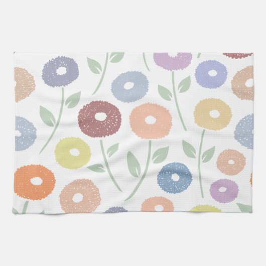 Fuzzy Flower Lg Pattern Pastels on White キッチンタオル (横)