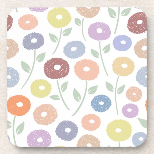 Fuzzy Flower Lg Pattern Pastels on White コースター (正面)