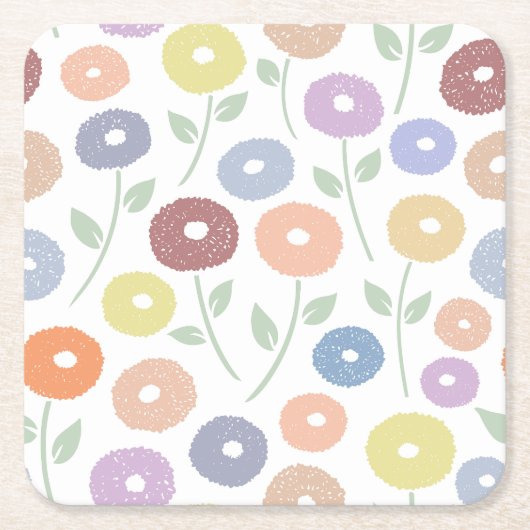 Fuzzy Flower Lg Pattern Pastels on White スクエアペーパーコースター (正面)