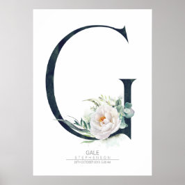 Gのアルファベットモノグラム 白い花と緑 ポスター