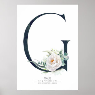 Gのアルファベットモノグラム 白い花と緑 ポスター