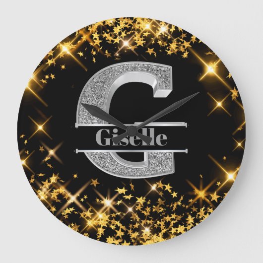 Gイニシャルパーソナライズされたシルバーモノグラムあなたの名前 ラージ壁時計 (正面)