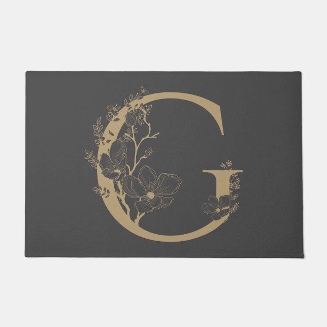 Gボホエレガントフローラモノグラムイニシャルグレー金ゴールド ドアマット (正面)