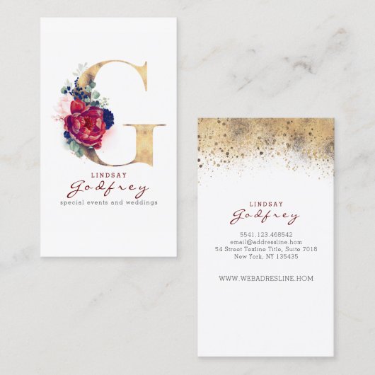 Gモノグラムブルゴーニュ金ゴールドとネイビーブルーフローラ 名刺 (正面/裏面)