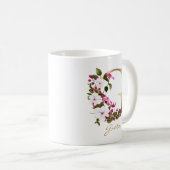 G金ゴールドモノグラム |白色マゼンタ緑のフローラ コーヒーマグカップ (正面右)