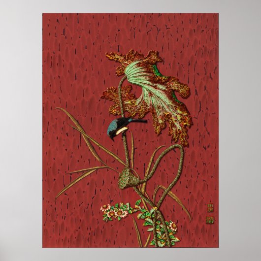 G.A. Audsley ヴィンテージ レッド 日本の 鳥 蓮の花 アート ポスター (正面)