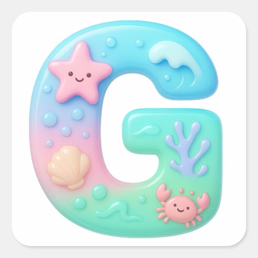 "G" Cute Bubble Letter - Underwater Sea Creature スクエアシール (正面)