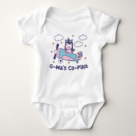 G-Ma's Co-Pilot - ユニコーン飛行機 ベビーボディスーツ (正面)