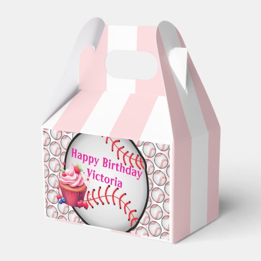Gable Favor Box Stripe Pink and White Baseball フェイバーボックス (正面サイド)