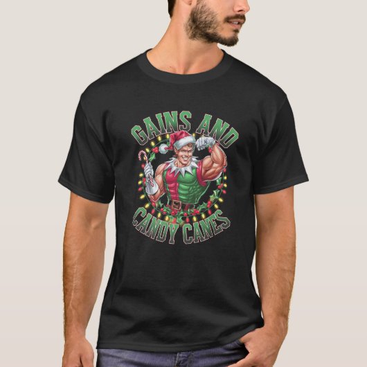 Gains and Candy Canes Funny Christmas Elf Gym Work Tシャツ (正面)