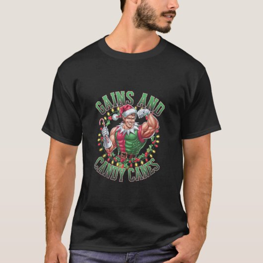 Gains and Candy Canes Funny Christmas Elf Gym Work Tシャツ (正面)