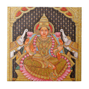 GAJA LAKSHMI複雑なTANJOREの絵画{南IND タイル