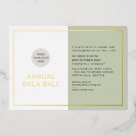 GALA BALL社のロゴフォーマルエコセージ緑金ゴールド 箔招待状 (正面)