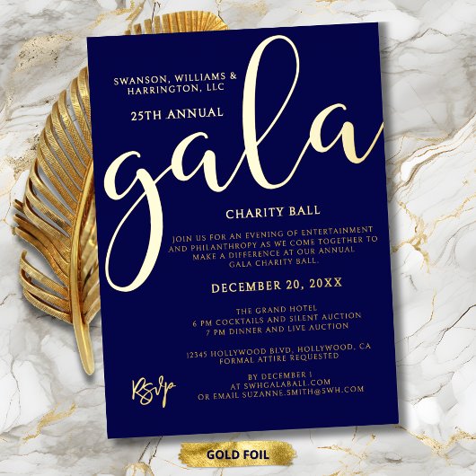 Gala Event Charity Fundraiser Elegant Blue Gold 箔招待状