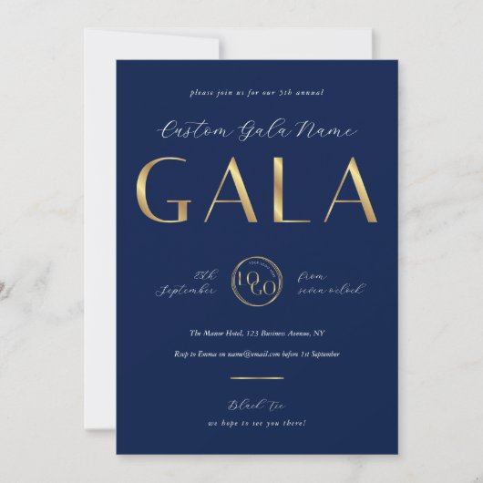 Gala Night Navy & Gold Logo Business Fundraiser 招待状 (正面)