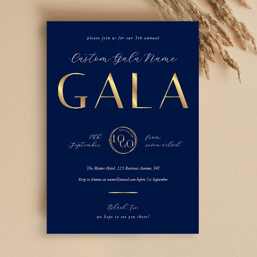 Gala Night Navy & Gold Logo Business Fundraiser 招待状