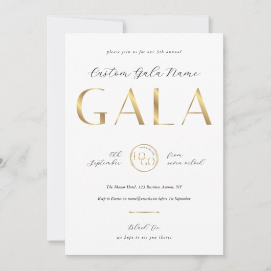 Gala Night White & Gold Logo Business Fundraiser 招待状 (正面)