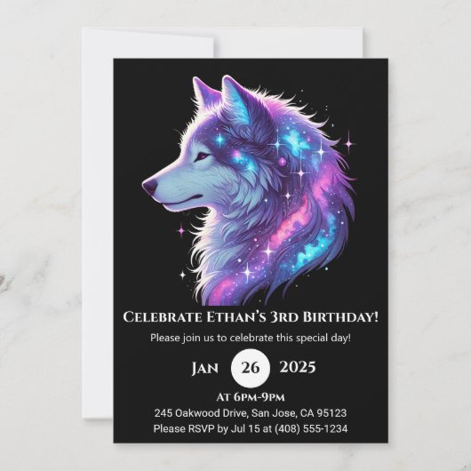 Galactic Glow Wolf Birthday Invitation 招待状 (正面)