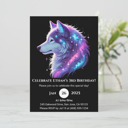 Galactic Glow Wolf Birthday Invitation 招待状 (スタンド正面)