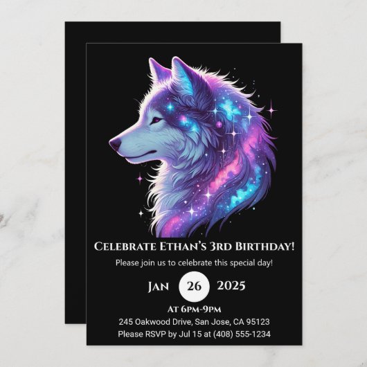 Galactic Glow Wolf Birthday Invitation 招待状 (正面/裏面)