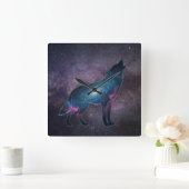 Galactic Howling Wolf Silhouette スクエア壁時計 (ホーム)