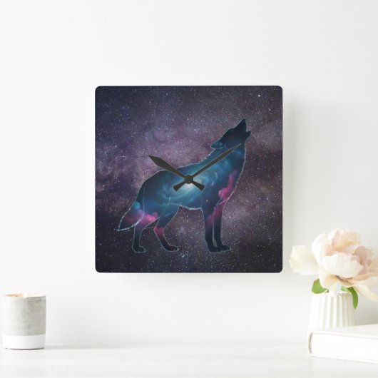 Galactic Howling Wolf Silhouette スクエア壁時計 (ホーム)