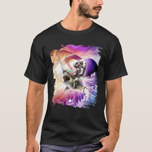 Galaxy Astronaut Cat Riding Rainbow Shark Unicorn Tシャツ (正面)