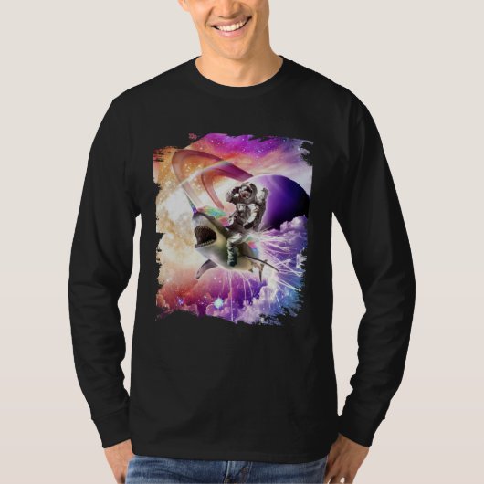 Galaxy Astronaut Cat Riding Rainbow Shark Unicorn Tシャツ (正面)