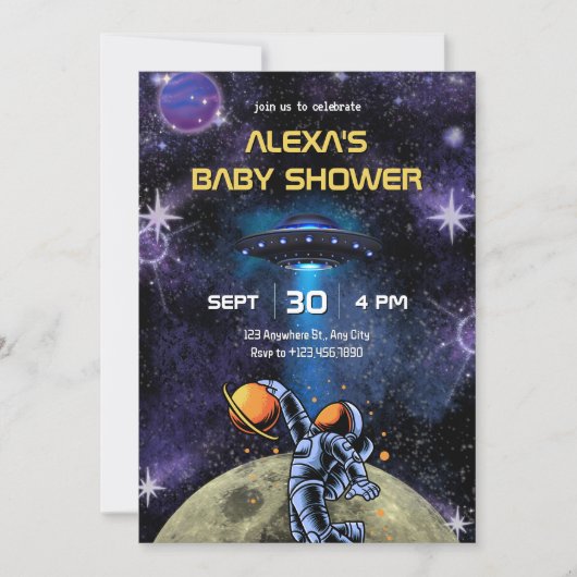 Galaxy Astronaut moon baby shower 招待状 (正面)