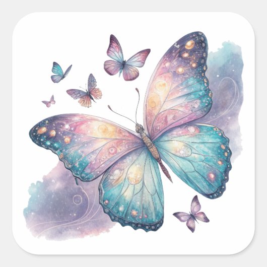 Galaxy Butterfly with Pastel Celestial Wings スクエアシール (正面)