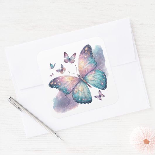 Galaxy Butterfly with Pastel Celestial Wings  スクエアシール (封筒)