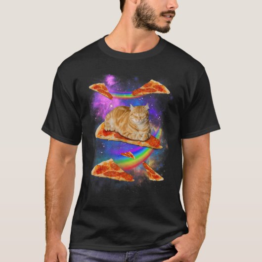 Galaxy Cat In Space Cat Riding Pizza Tシャツ (正面)