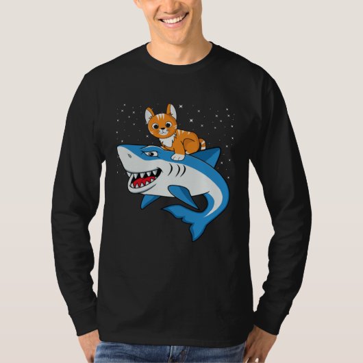 Galaxy Cat Riding Shark For Cat Astronaut Cat Tシャツ (正面)